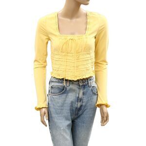 Free People Scarlet Smocked Long Sleeve Cropped Top Embroidered Lace XS 286556